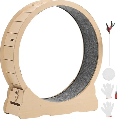Image de SucceBuy Roue d'exercice pour chats en bois, diamètre intérieur 1080 mm, convient aux chats de 8,6 à 12,7 kg, avec surface de roulement en moquette et mécanisme de verrouillage, jouet silencieux pour chats d'appartement