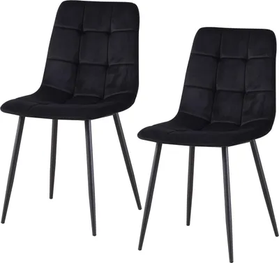 Two black velvet chairs with black metal legs are shown against a white background.