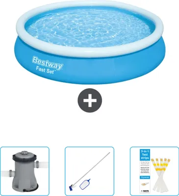 Produktbild von Bestway runder aufblasbarer Fast-Set-Pool – 366 x 76 cm – Blau – im Lieferumfang enthalten Pumpe - Reinigungskit - Teststreifen