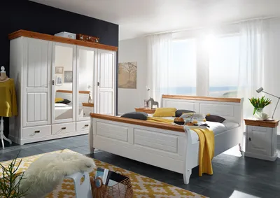 Produktbild von Schlafzimmer Set mit Bettgestell 180x200 cm SAVONA-69 in Kiefer massiv weiß mit honig