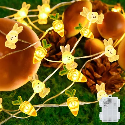 Imagen del producto de Guirnalda de luces de Pascua con batería - 2 metros - 20 luces LED con forma de conejos y zanahorias - Temporizador de 6 horas - Decoración de Pascua