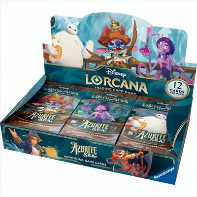 A display box of Disney Lorcana trading card game booster packs.