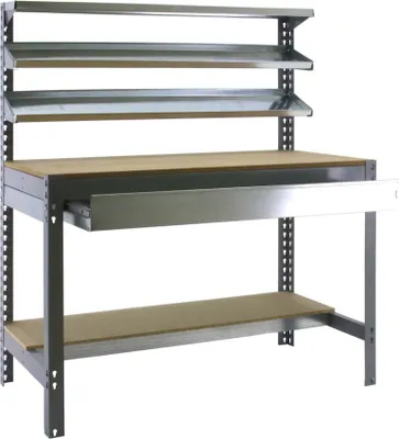 Produktbild von PROREGAL Werkbank BUFFALO mit Frontablage und Schubfach | HxBxT 84x120x61cm | Traglast 600kg | Grau