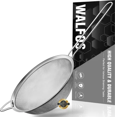 Zdjęcie produktu dla Sito Walfos o drobnych oczkach ze stali nierdzewnej z solidnym uchwytem do przesiewania i odsączania 20 cm