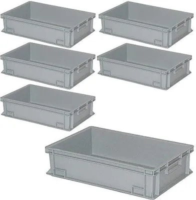 Produktbild von 6er Set Eurobehälter mit 2 Griffleisten 600x400x150 mm, 27 Liter, grau