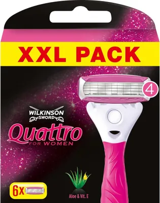 The image shows the packaging for a Wilkinson Sword Quattro For Women razor blade refill pack.