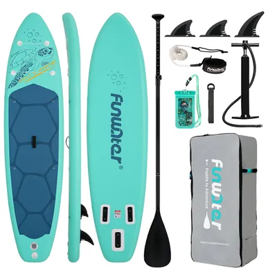 Image de Planche de SUP gonflable Funwater 335 × 84 × 15 cm, joli motif UV tortue, extra-large et stable, capacité de charge de 190 kg, 3 ailerons, kit complet
