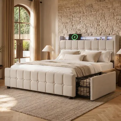 Produktbild von Flieks Polsterbett 160x200cm mit USB und Steckdosen, Jugendbett Doppelbett mit 4 Schubladen, Stauraumbett Massivholzbett mit LED und Lattenrost, Leinen, Beige