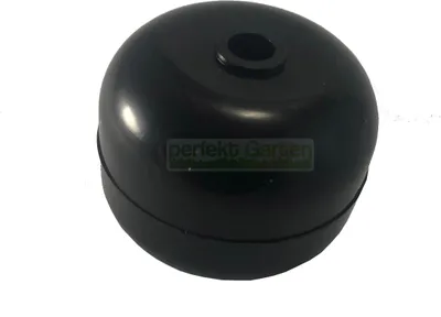 A black plastic wheel for a lawnmower.