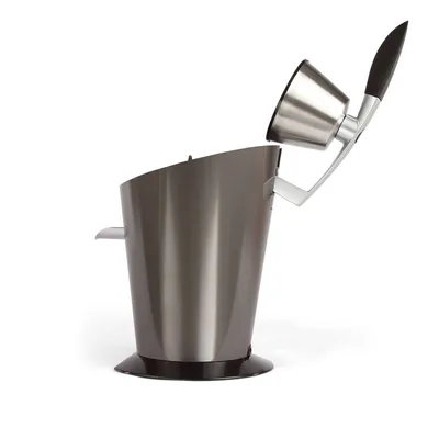A gray electric grinder with a silver hopper and black handle is shown in a studio shot against a white background.