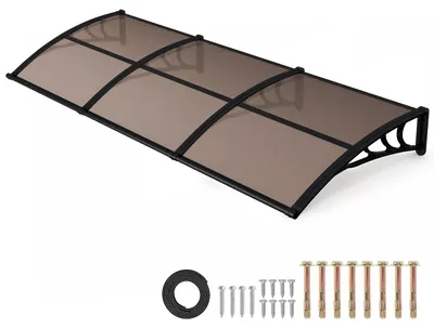 Obrázek produktu pro Pevná stříška nad vchodové dveře s okapem, rozměry 300 x 100 cm, stříška z polykarbonátu, barva černá/hnědá, ochrana proti dešti pro vchod