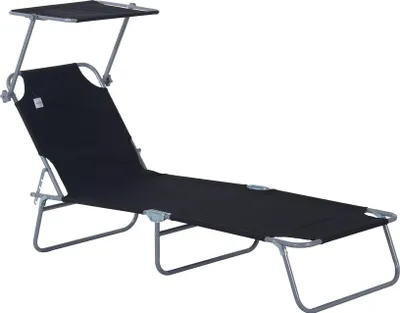 Image de Chaise longue pliable avec pare-soleil intégré, chaise longue confortable pour le jardin et la détente, idéale pour la terrasse, le balcon et l'extérieur, noir