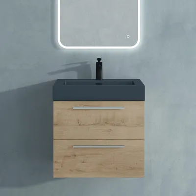 Produktbild von Mai & Mai Badmöbelset Komplett Set Waschbeckenunterschrank 60cm Unterschrank in Eiche Greige mit Waschschbecken aus Mineralguss Quadratto