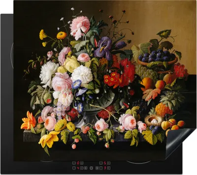 Produktbild von KitchenYeah© Herdabdeckplatte Stilleben mit Blumen und Früchten - Kunstwerk - Alte Meister , 58x51cm, Küche Deko, Glaskeramikkochfeld Herdabdeckung, Abdeckplatte fùr Kochfeld
