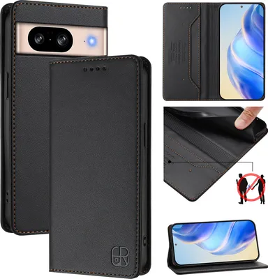 Produktbild von Lederhülle für Google Pixel 8 Hülle Flip Brieftasche Kartenfächern Ständer Schutzhülle Schwarz