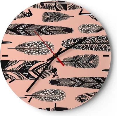 Produktbild von Wanduhr - Rund - Glasuhr - Grafik Feder - 40x40cm - Schleichendes Uhrwerk - Lautlos - zum Aufhängen bereit - Dekoration Modern - Wanddekoration aus Glas - C3AR40x40-3786