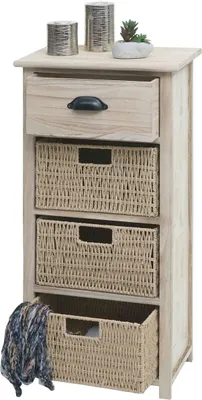 A wooden chest of drawers with woven baskets and a single drawer, placed on a white background.