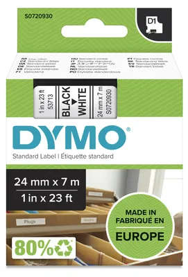 Zdjęcie produktu dla DYMO D1 oryginalne etykiety | czarny nadruk na białym | 24 mm x 7 m | samoprzylepne etykiety do drukarek etykiet LabelManager, Czarny na białym, D1, Poliester, Belgia, -18 - 90 °C, DYMO