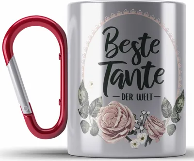 Produktbild von Trendation - Beste Tante der Welt Geschenk Edelstahl Tasse Karabiner mit Spruch Karabiner Edelstahl Tasse Karabiner Edelstahl für Coole Tante (Rot)