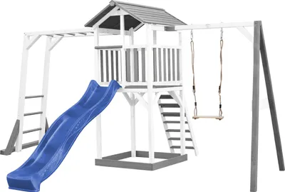 Produktbild von AXI Beach Tower Spielturm aus Holz in Weiß & Grau | Spielhaus für Kinder mit blauer Rutsche, Klettergerüst, Schaukel und Sandkasten | Stelzenhaus für den Garten