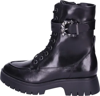 A black leather boot with a buckle and laces, shown from the side against a white background.