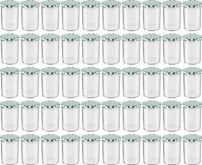 Produktbild von WELLGRO Einmachgläser mit Schraubdeckel - 435 ml, 8,5 x 12 cm (ØxH), Glas / Metall, grün karierte Deckel To 82, Gläser  Germany, verschiedene Mengen wählbar