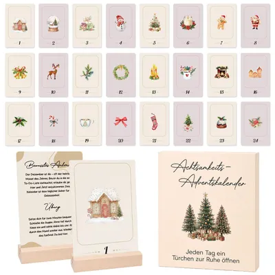 Produktbild von Achtsamkeit Adventskalender 2026 für Frauen 24 skarten und Holzaufsteller