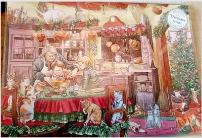 A charming, detailed illustration of a grandmother and two children baking in a cozy, Christmas-decorated kitchen, surrounded by cats. The scene evokes a nostalgic and festive atmosphere.