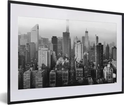 Produktbild von Poster mit Rahmen - Skyline von New York - schwarz und weiß - 60x40 cm - Poster mit zchwarzem Bilderrahmen