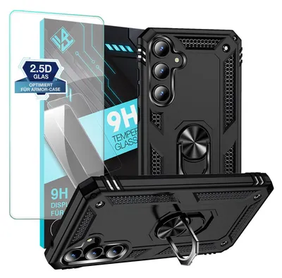 A black phone case and screen protector are displayed against a white background.