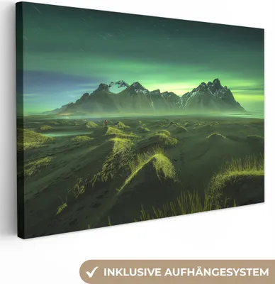 Produktbild von OneMillionCanvasses® - Leinwandbilder - 150x100 cm, Nordlichter - Berg - Grün - Island, Wandbilder Kunstdruck Wanddekoration