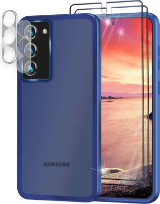A dark blue phone case and screen protectors are displayed against a white background.