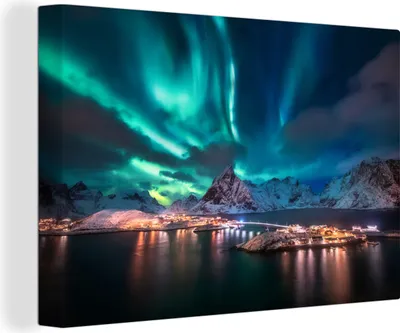 Produktbild von OneMillionCanvasses® - Leinwandbilder - 140x90 cm, Grüner/blauer Himmel auf den Lofoten, Wandbilder Kunstdruck Wanddekoration