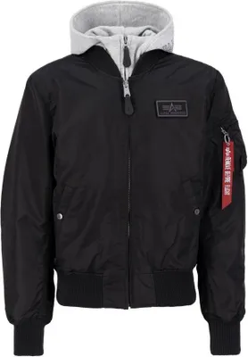A black bomber jacket with a gray hood is shown against a white background.
