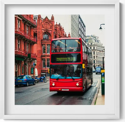 Produktbild von Bus in Birmingham Vereinigtes Königreich– Wandbild mit Rahmen – Gerahmtes Bild  – Wanddekoration – 50x50 cm –  Weiß Rahmen
