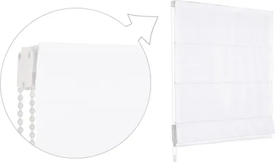 A white Roman blind is shown in two views: a close-up of the top mechanism and a full view of the blind.
