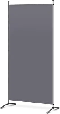 A freestanding room divider with a gray fabric panel and a metal frame.
