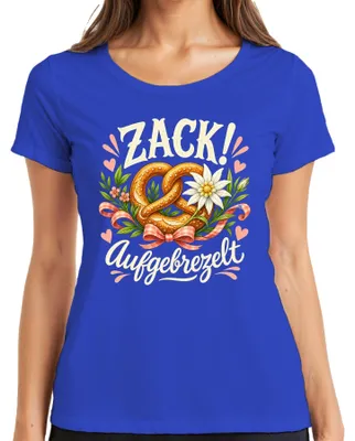 Immagine prodotto di Zack! Maglietta da donna a tema , con scritta "Wiesn", decorata con immagini di pretzel, lederhosen e dirndl. Colore: blu. Taglia: L