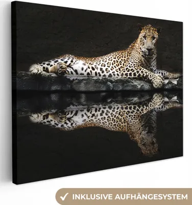 Produktbild von MuchoWow® - Leinwandbilder - Leopard - Wasser - Wald, Wandbild, Wanddeko Bilder Wohnzimmer, 120x90cm