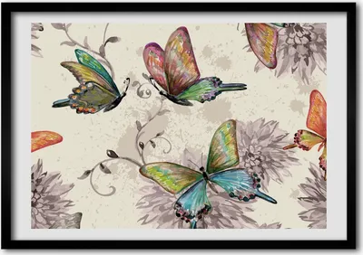 Produktbild von Bild - Bilder - Bilderrahmen - 70 cm x 50 cm - MDF-Rahmen, Wandkunst Schmetterlinge und Blumen