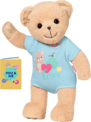 A teddy bear wearing a blue shirt and holding a book.