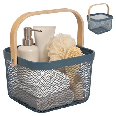 Obrázok produktu pre Relaxdays Drôtový kôš s rúčkami, 2-dielna sada, kov, bambus, rozmer: 17,5 x 26 x 24,5 cm, hranatý úložný kôš, tmavomodrá farba