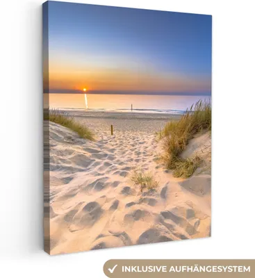 Produktbild von MuchoWow® - Leinwandbilder - Düne - Sonnenuntergang - Horizont - Strand - Gras, Wandbild, Wanddeko Bilder Wohnzimmer, 90x120 cm