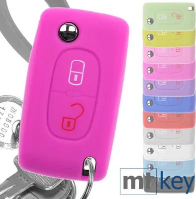 Produktbild von Auto Schlüssel Hülle Silikon Schutz Cover Pink kompatibel mit Citroen Berlingo C2 C3 Peugeot 207 307 308 2 Tasten Klappschlüssel