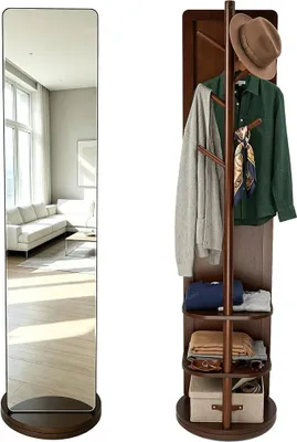 Productafbeelding van Spiegel voor het hele lichaam | Vrijstaand spiegel met 360° draaibaar en garderobehouder | Staand spiegel 164 * 40 cm met massief houten frame en gehard glas | Spiegel voor het hele lichaam, geschikt voor slaapkamer, woonkamer en garderobe (Walnoot, B)