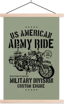 Produktbild von MuchoWow® Textilposter Mancave - Motorrad - Armee - Vintage 40x60 cm mit holzfarbenen Rahmen - Poster