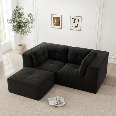 Productafbeelding van Modulair hoekbank, zwart, L-bank van corduroy, bank zonder frame, 2-zitsbank, bank met verstelbare voetsteun, afmetingen: 208x177x69 cm