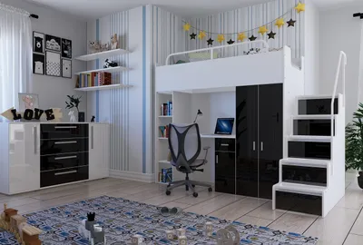 Produktbild von Marlux-Meble Hochbett JSM-4 80x190 mit Kleiderschrank Schreibtisch und Treppe Hochglanz Kinderbetten Funktionsbett Etagenbett Stockbett Kinderhochbett Jugendhochbett (Graphit Glanz)
