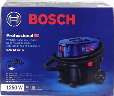 The image shows the retail packaging of a Bosch wet/dry vacuum cleaner.