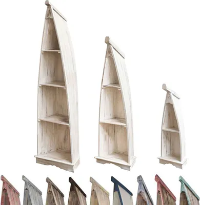 Produktbild von Regal in Bootsform mit Steeg Badregal Bootsregal Boot Standregal Aufbewahrung Albesia Holz, Farbe:Whitewash, Größe:Mittel